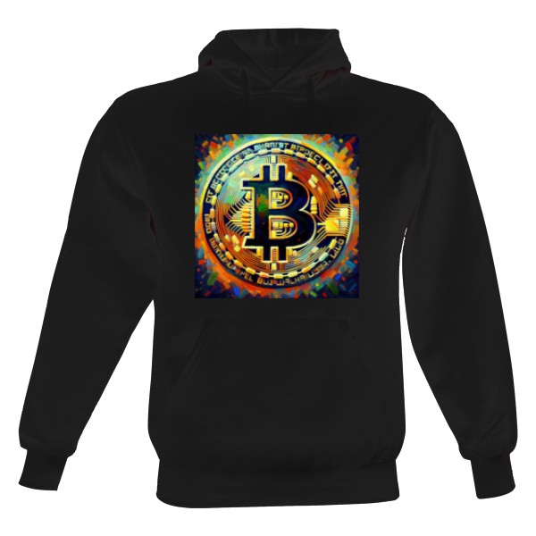 Pánská mikina s kapucí s potiskem Bitcoin. Impresivní Vize