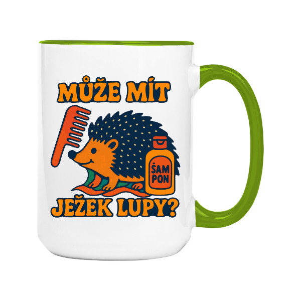 Hrnek velký barevný s potiskem Může mít ježek lupy?