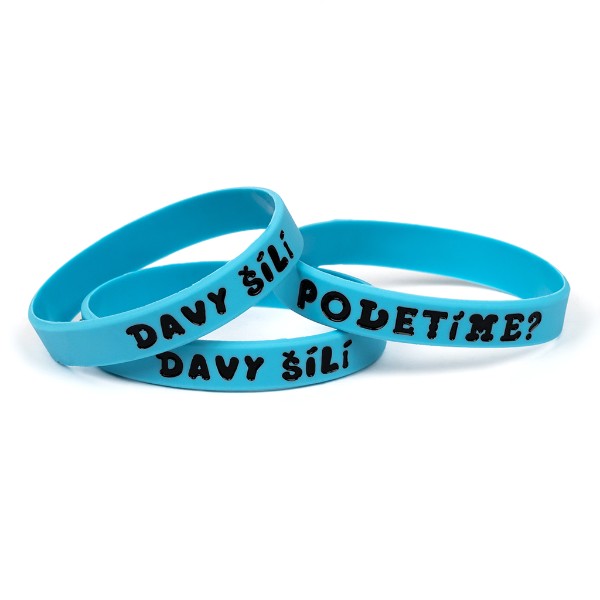 Náramek silikonový s ražbou Poletíme? – modrý s potiskem Náramek silikonový s ražbou Poletíme? – modrý