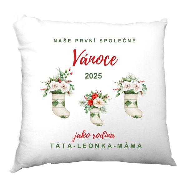 Vankúš saténový s potlačou Naše první společné Vánoce jako rodina s datem a jménem