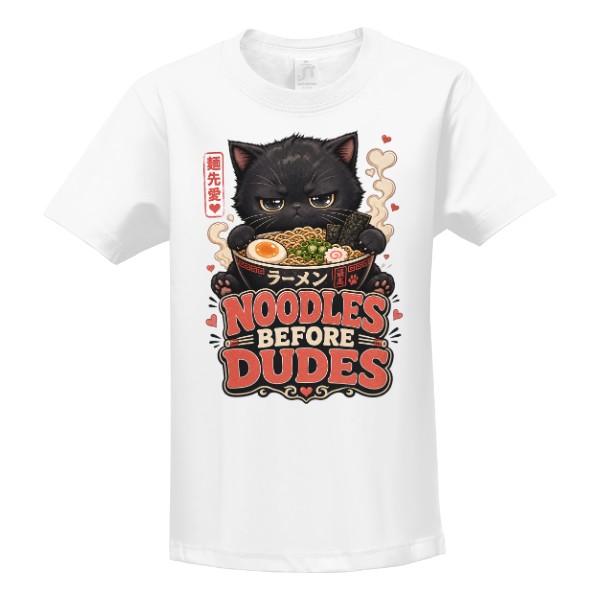 Tričko s potiskem Noodles Before Dudes černá kočka ramen
