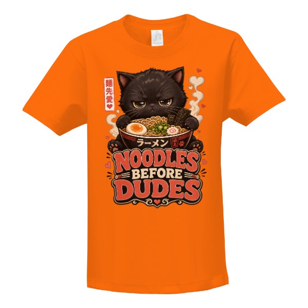 Tričko s potiskem Noodles Before Dudes černá kočka ramen