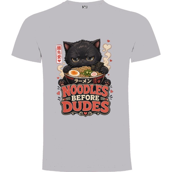 Tričko s potiskem Noodles Before Dudes černá ramen kočička