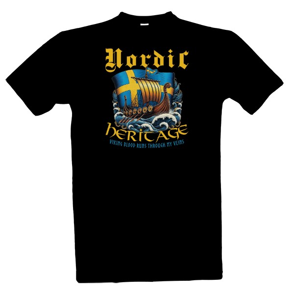 Tričko s potiskem Nordic Heritage-Švédská vlajka a vikingská lod