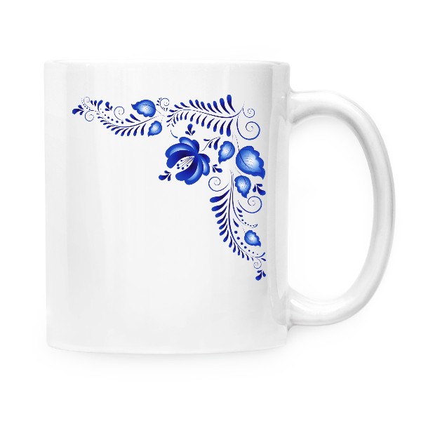 Hrnek malý bílý s potiskem Ornament modrotisk kytka
