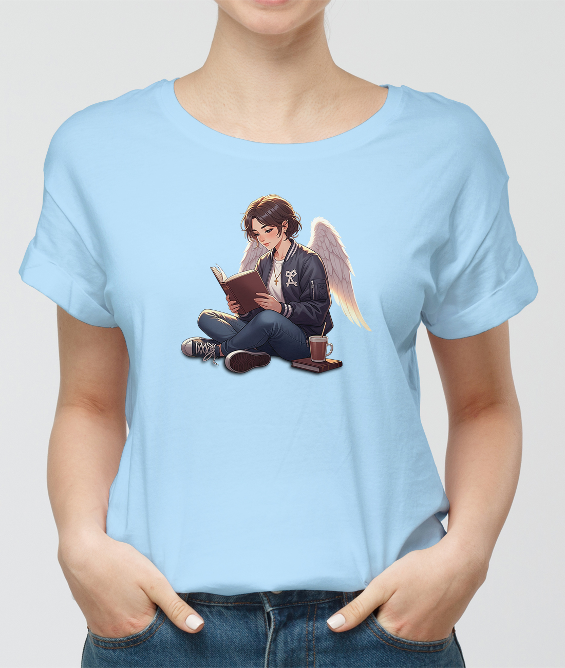 Tričko s potiskem anděl čte knihu