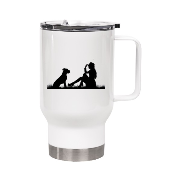 Cestovní termohrnek s uchem s potiskem Pes a žena