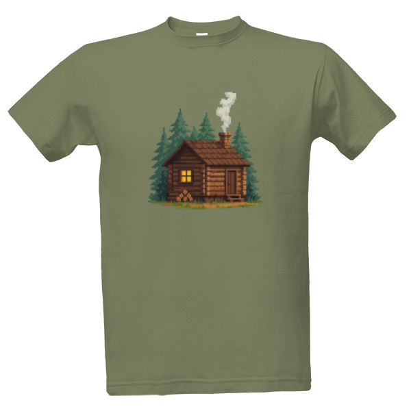 Tričko s potiskem Pixel art chalupa v lesích