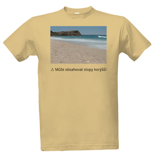 Tričko s potiskem Pláž: může obsahovat stopy korýšů
