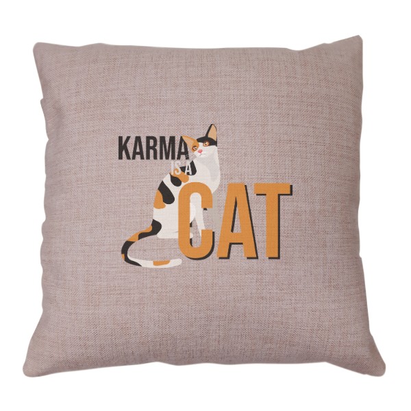 Polštář s béžovým potahem "Karma Is A Cat"