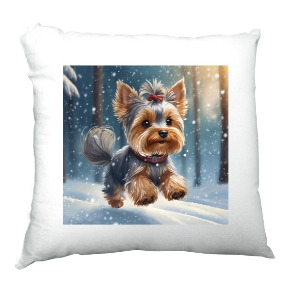 Polštář saténový s potiskem Polštářek s jorkšírkem v zimě