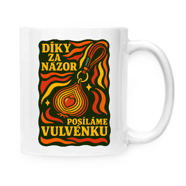 Hrnek malý bílý s potiskem Posíláme vulvěnku