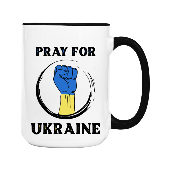 Hrnek velký barevný s potiskem Pray for Ukraine na triku na hrnku