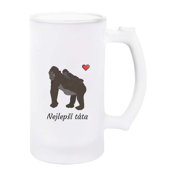 Korbel na pivo - matné sklo s potiskem Půlitr na pivo Nejlepší táta srdce Gorila a mládě