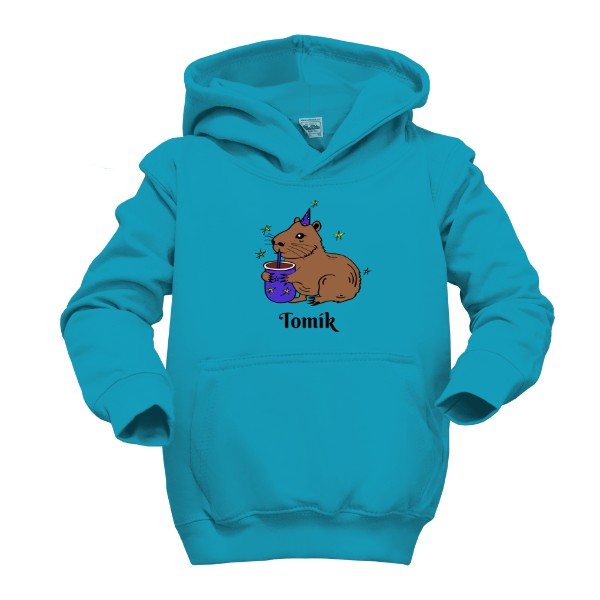 Dětská mikina s kapucí s potiskem Roztomilá capybara modrá 