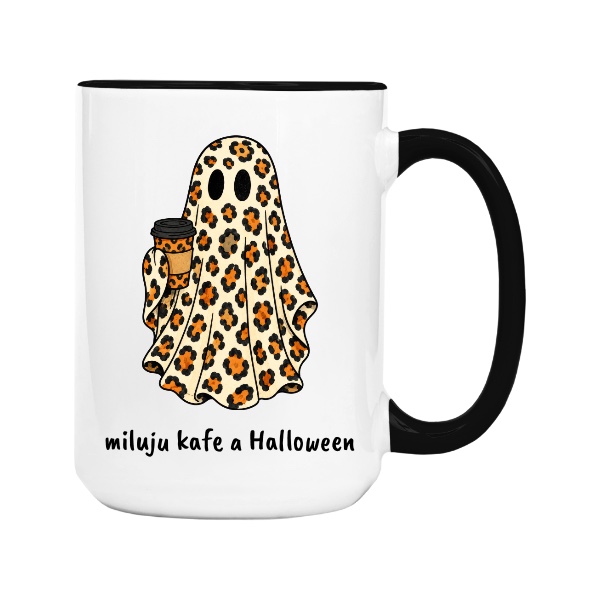 Roztomilý duch s kávou a nápisem miluju kafe a halloween