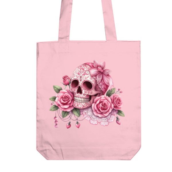 Taška z bio bavlny s potiskem Růžová lebka