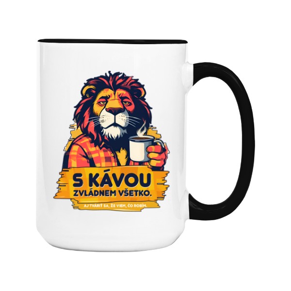 Hrnek velký barevný s potiskem S kávou zvládnu všechno – Lev s hrnkem kávy