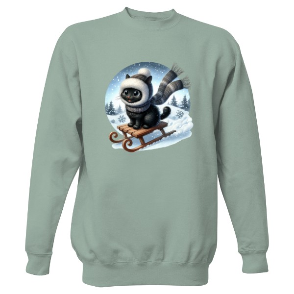 Mikina bez kapuce Unisex s potiskem Sáňkování s kočkou