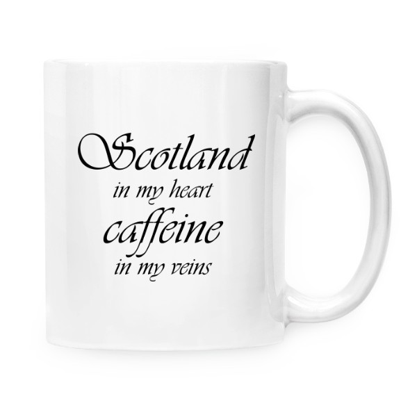 Hrnček malý biely s potlačou Scotland and veins - caffeine