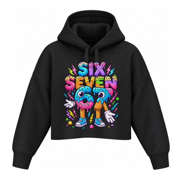 Dámská crop mikina s kapucí s potiskem Sladký komiks Six Seven s číslem 67