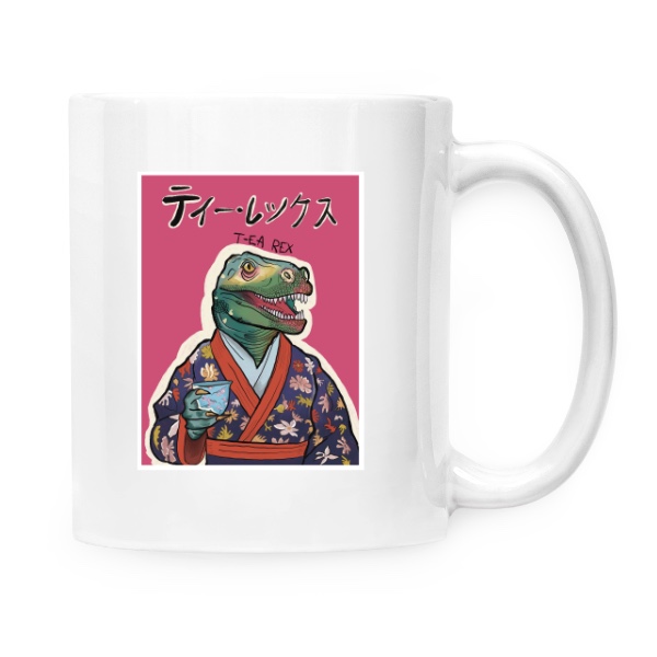 Hrnček malý biely s potlačou T-ea Rex v kimone pijúci čaj