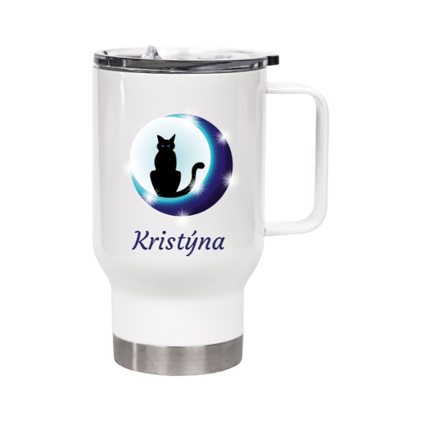 Cestovní termohrnek s uchem s potiskem Termohrnek Kočka a měsíc