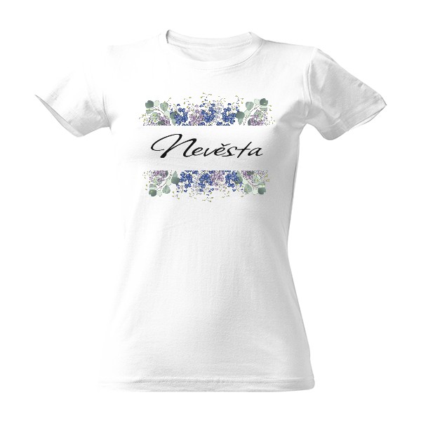 Tričko s potiskem Triko modré a fialové květy a eukalyptus Nevěsta