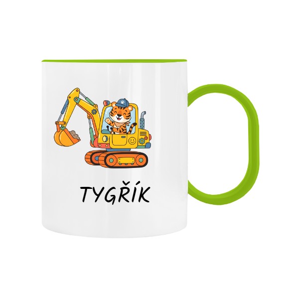 Dětský hrnek plastový  s potiskem Tygřík a bagr do školky se jménem