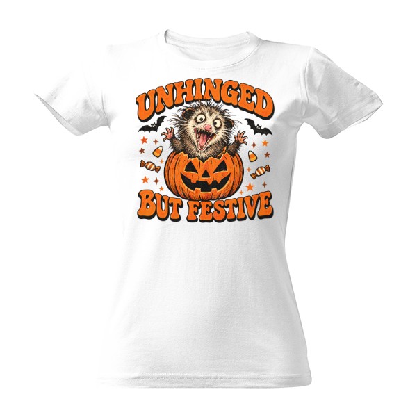Tričko s potlačou Unhinged But Festive – vačica v halloweenskej tekvici