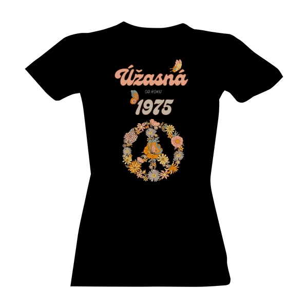 Tričko s potiskem Úžasná od roku 1975 boho motýlci a znak míru