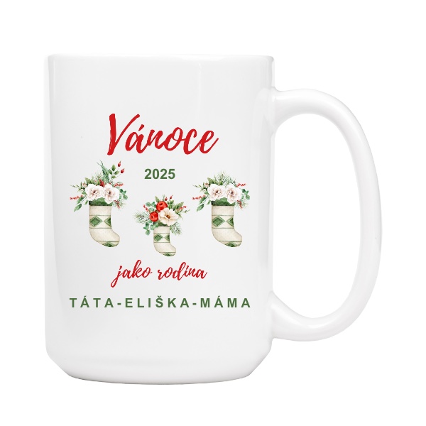Hrnček velký s potlačou Vánoce jako rodina s upravitelným datem a jménem miminka