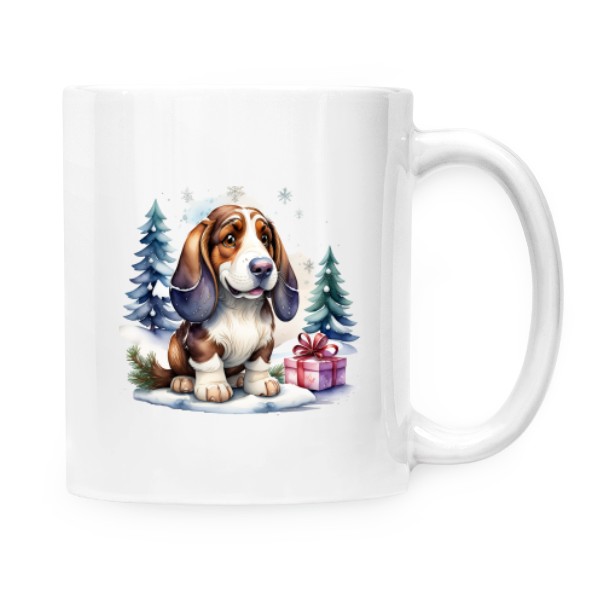 Hrnek malý bílý s potiskem Vánoce s basetem