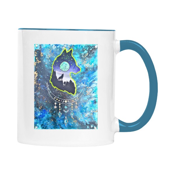 Hrnek malý barevný s potiskem Vlk  – Mystický zvířecí motiv s měsícem a hvězdami