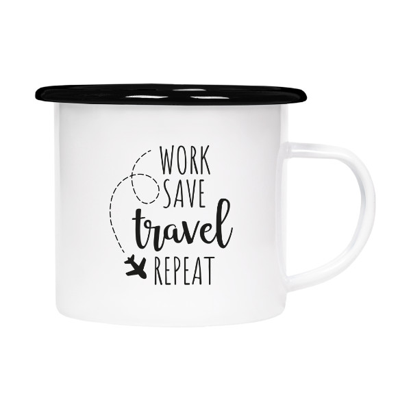 Plecháčik- smaltový lem s potlačou Work, save, travel