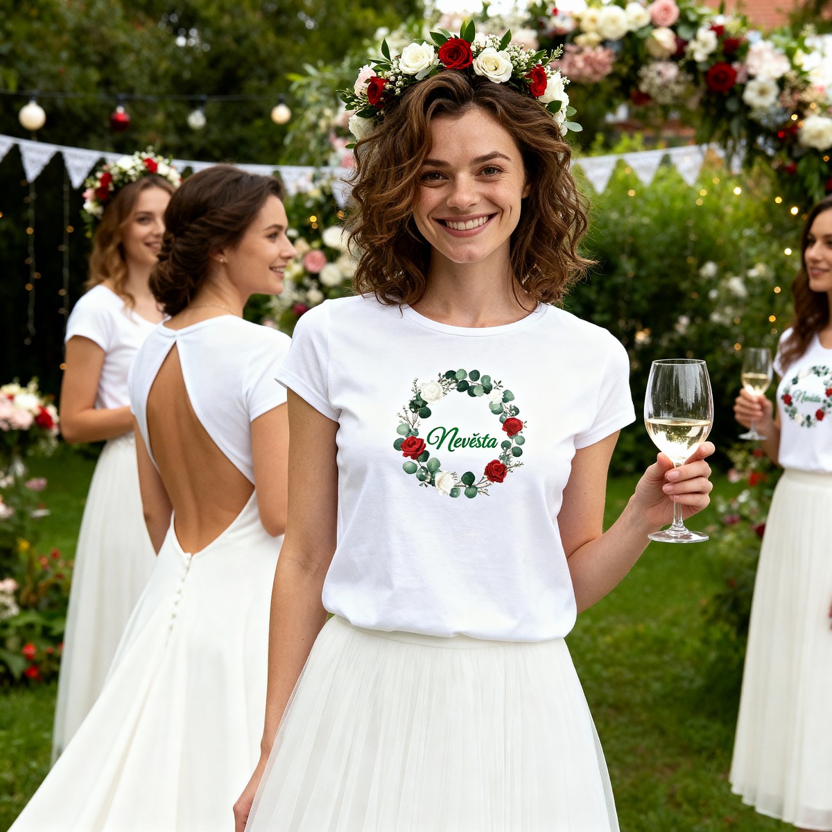 Tričko s potiskem Červené růže a eukalyptus věneček svatba