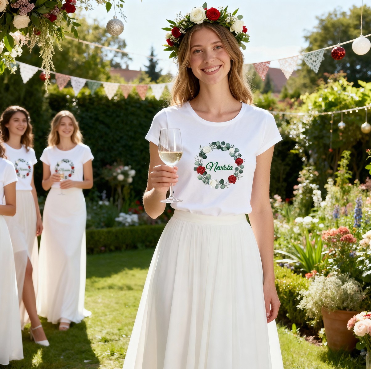 Tričko s potiskem Červené růže a eukalyptus věneček svatba