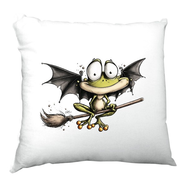 Polštář saténový s potiskem Žabí netopýrek na koštěti, Broom Frog