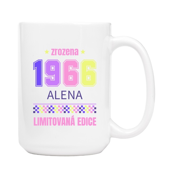 Hrnček velký s potlačou Zrozena 1966 limitovaná edice se jménem pastelové barvy