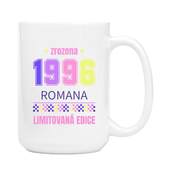 Mug big s potiskem Zrozena 1996 limitovaná edice se jménem pastelové barvy